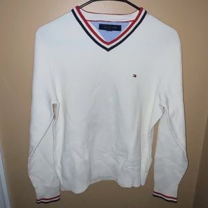 Tommy Hilfiger white v-neck sweater with red, white, and blue trim, size small